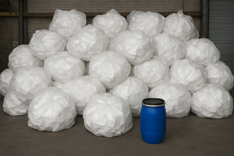 20 saches de polystyrène dans un fût de 60L